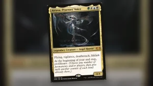Portada editorial de Atraxa, Praetors' Voice, para la guia de contadores Abugra