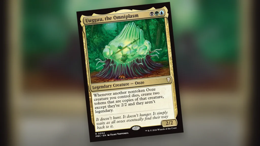 Portada editorial de Uugguu, the Omniplasm, la Ooze legendaria Sultai de la serie Commander de la Semana