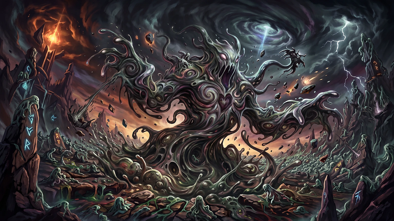 Ilustración editorial panorámica inspirada en Uugguu, the Omniplasm, para el tramo central del artículo
