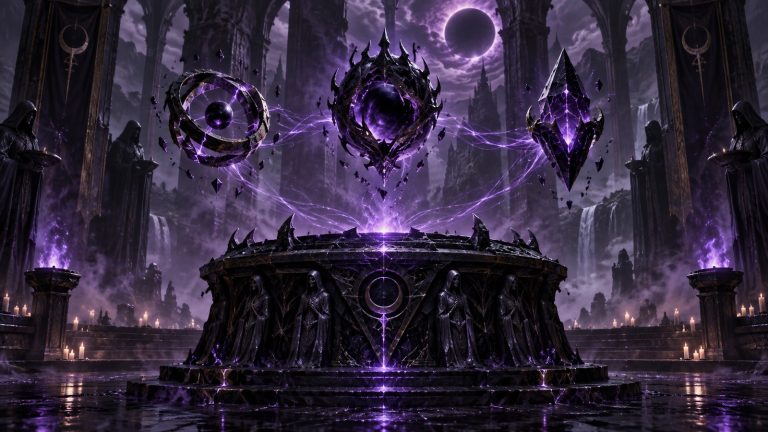 Altar arcano negro con tres reliquias conectadas por hilos de energía oscura