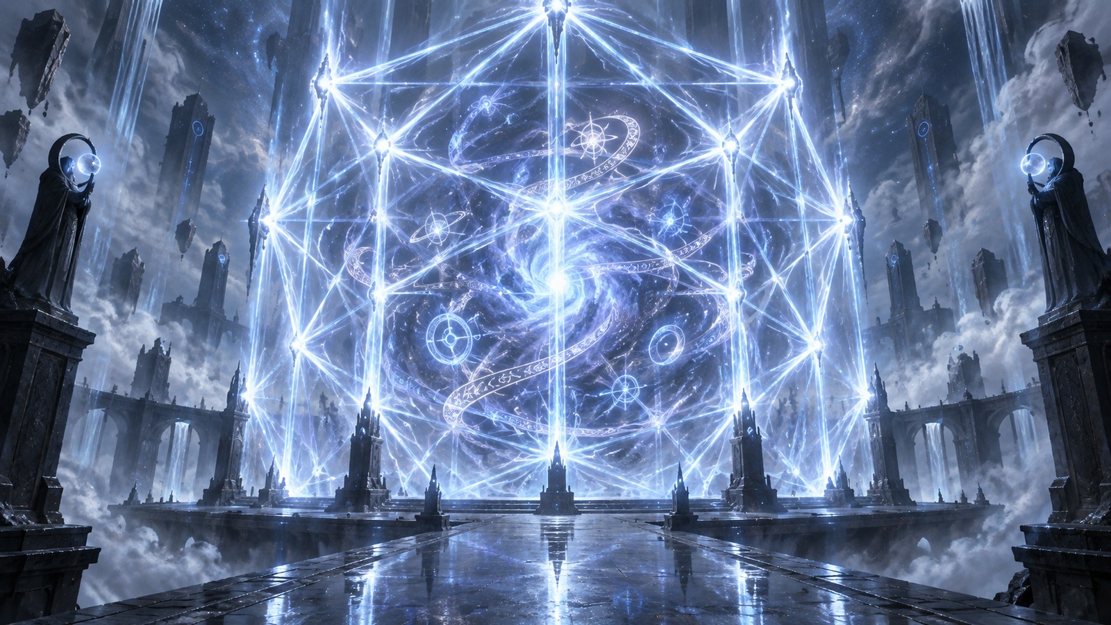 Dos torres de cristal azul y blanco unidas por una jaula de energía geométrica