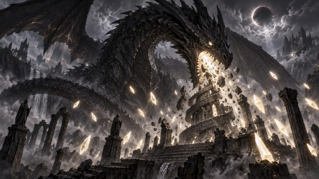 Dragón de piedra oscura devorando fragmentos de un altar en espiral