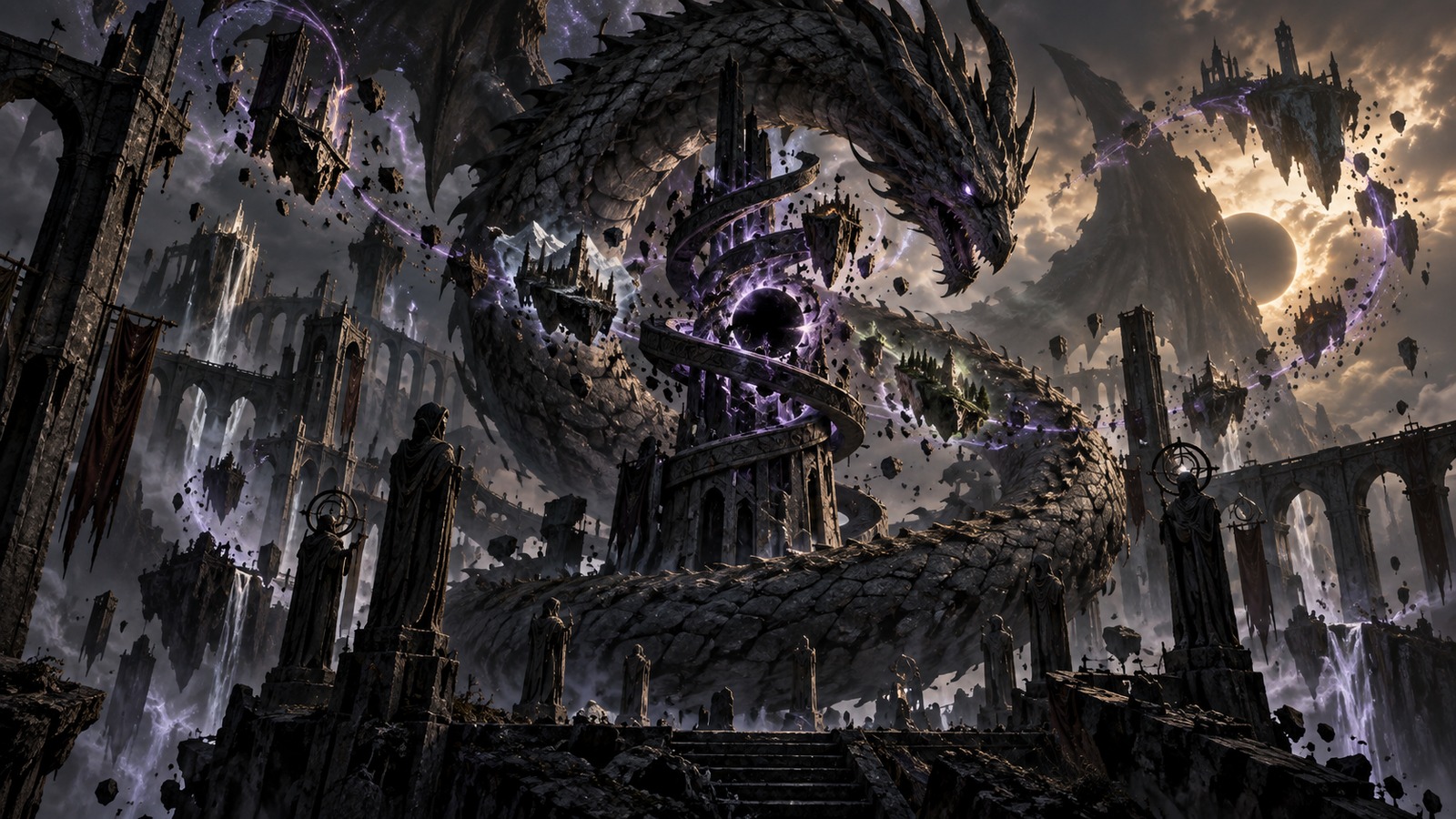 Dragón de piedra oscura devorando fragmentos de un altar en espiral