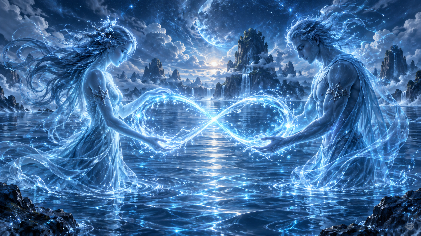 Dos figuras espectrales azules enlazadas por energía arcana en bucle