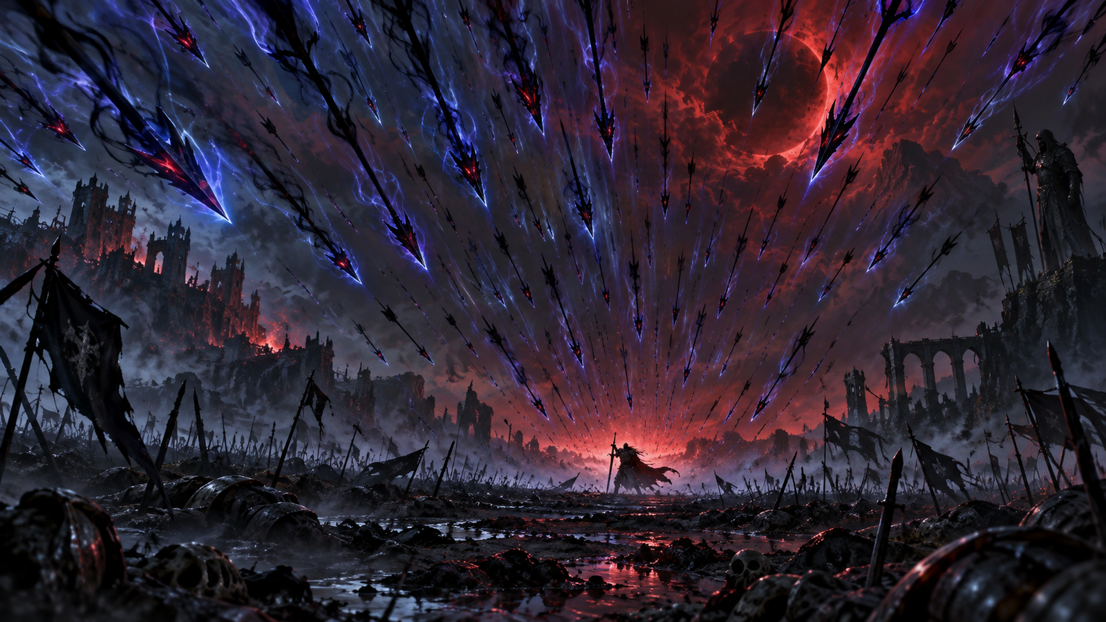 Grimorio negro-azul-rojo desatando una tormenta de dagas de maná sobre un trono vacío