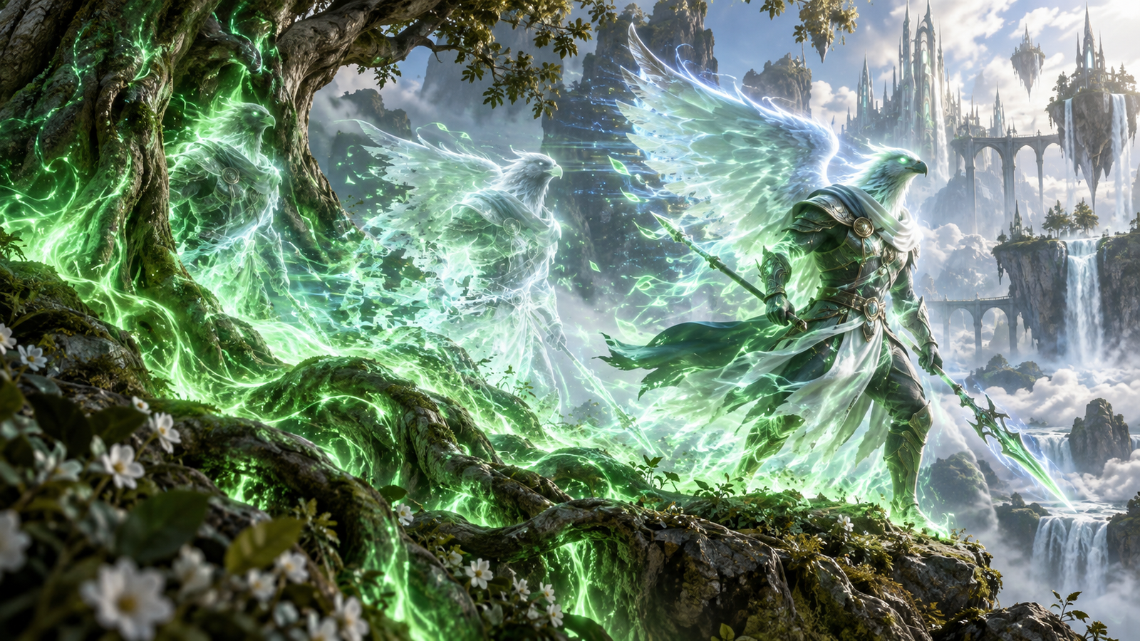 Ave espectral azul-verde-blanca parpadeando sobre un campo dorado de raíces
