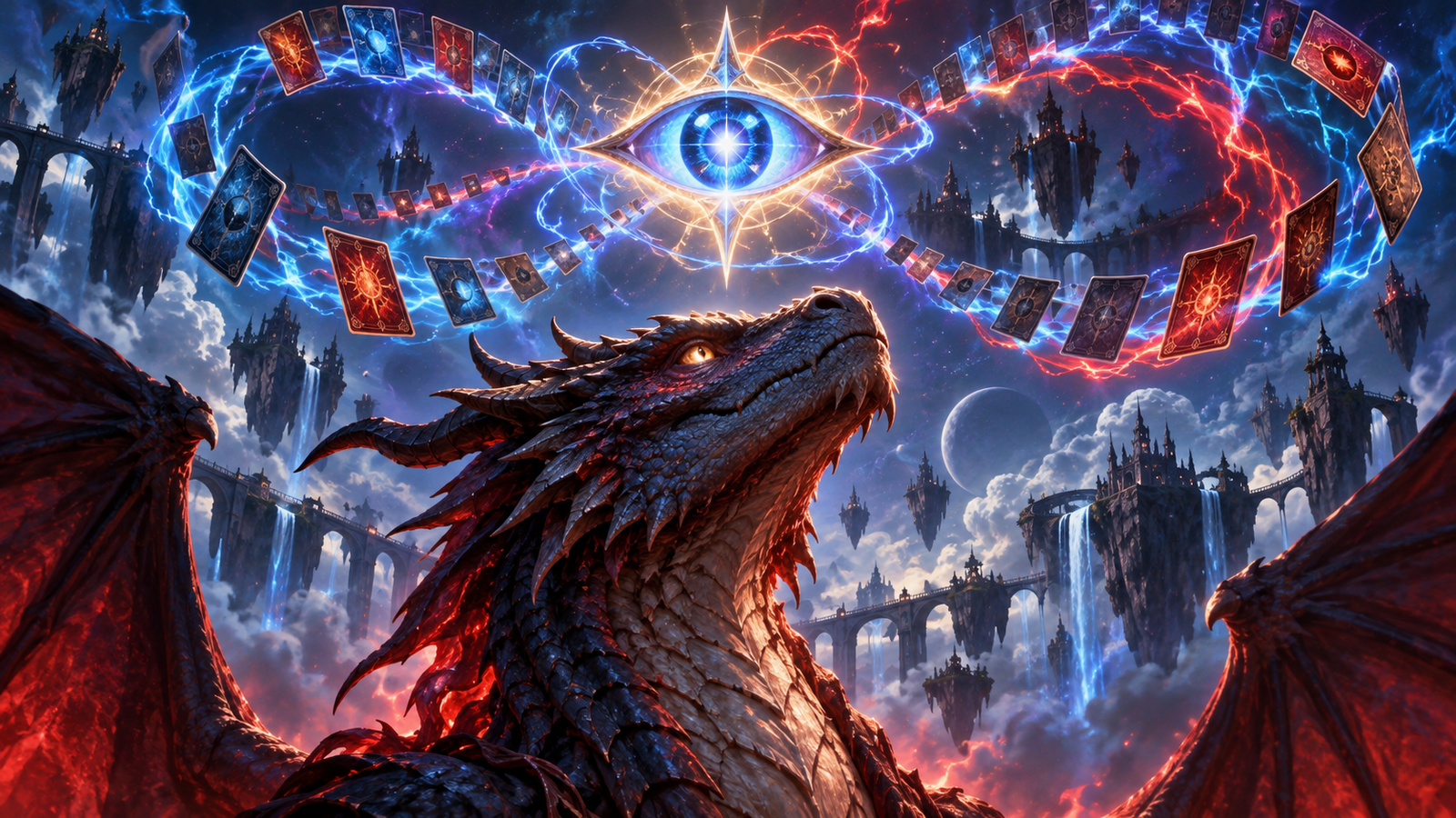 Dragón arcano rojo-azul rodeado de cartas y chispas eléctricas