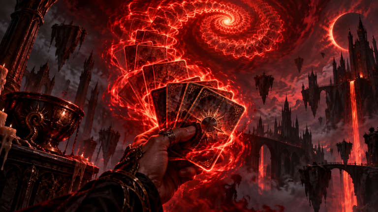 Un eco mágico rojo en espiral sobre una mano de cartas robada