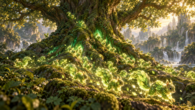 Roble ancestral verde con ardillas mágicas emergiendo de las raíces