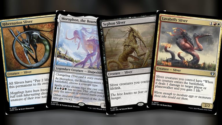 Hibernation Sliver, Morophon the Boundless, Syphon Sliver y Lavabelly Sliver en identidad WUBRG