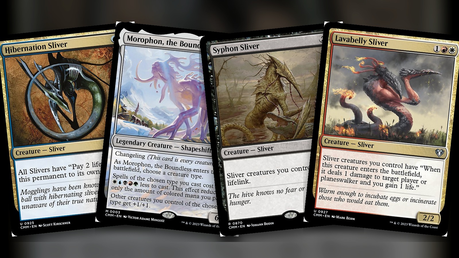 Hibernation Sliver + Morophon, the Boundless + Syphon Sliver + Lavabelly Sliver: combo Commander WUBRG de daño y storm