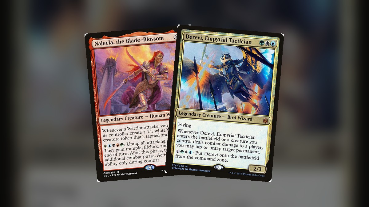 Najeela the Blade-Blossom y Derevi Empyrial Tactician en combate WUBRG
