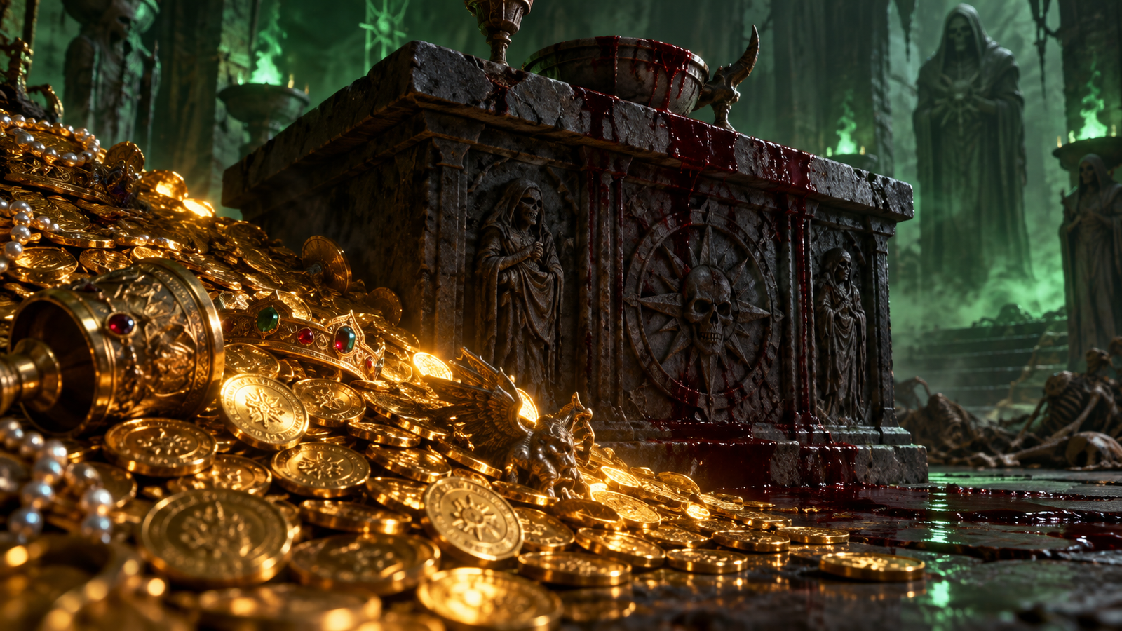 Monedas de tesoro brillando junto a un altar de sacrificio oscuro