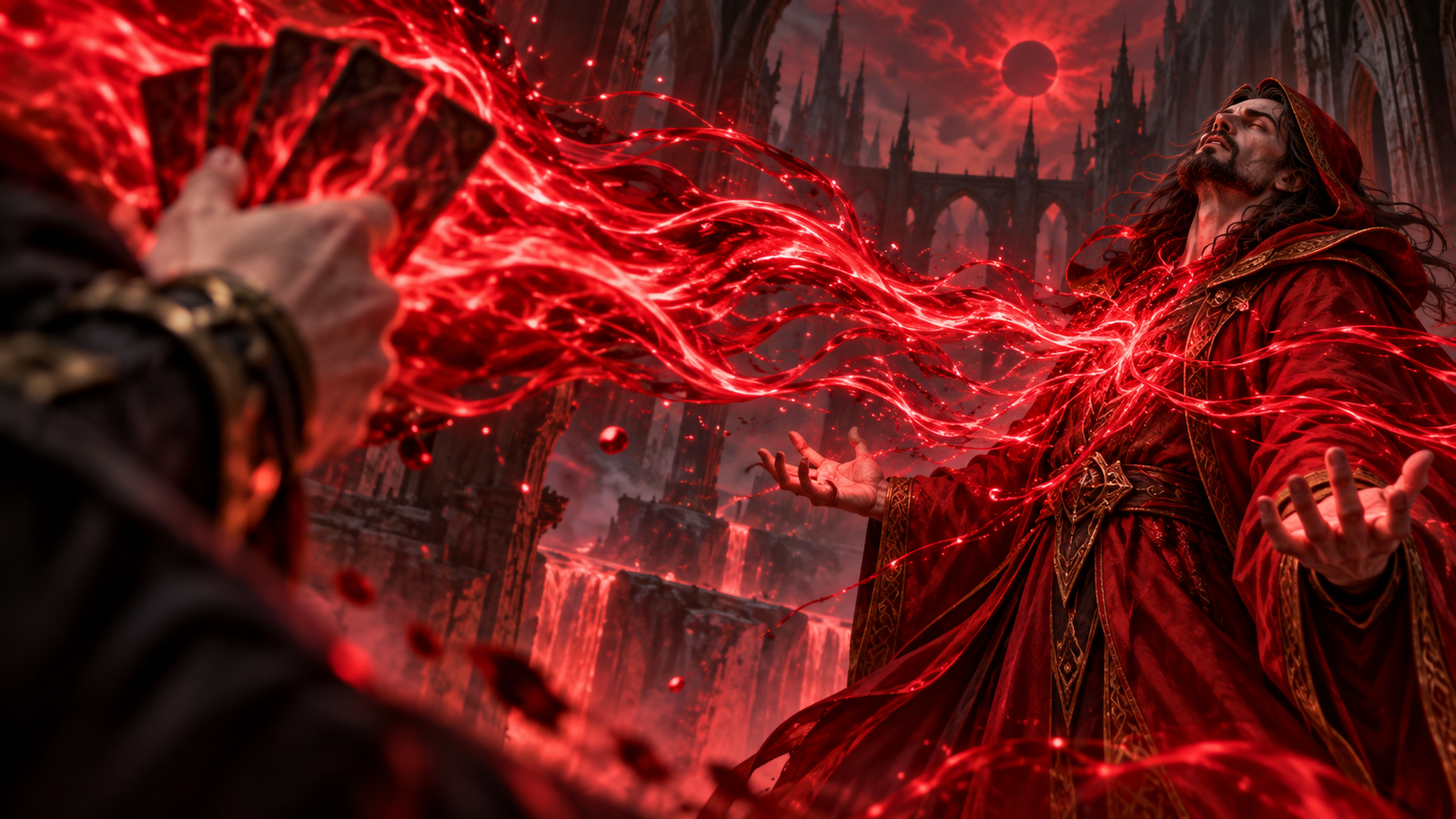 Energía roja fluyendo desde una mano de cartas rival hacia un hechicero