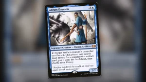 Portada editorial de Arcum Dagsson para la guía de Commander de artefactos