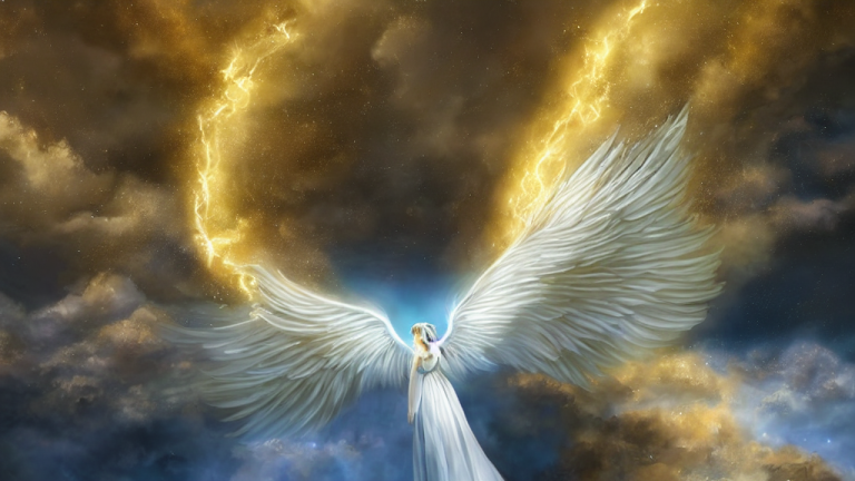 Ilustración fantástica de un ángel alado de luz blanca descendiendo en un haz dorado sobre un templo de mármol mientras una bestia felina radiantemente envuelta en luz de teletransportación espera abajo, escena 16:9 sin texto