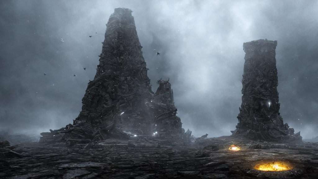 Altar de piedra negra con un vórtice de polillas blancas y luz espiralando mientras guerreros caídos se disuelven en partículas luminosas y vuelven con alas de luz