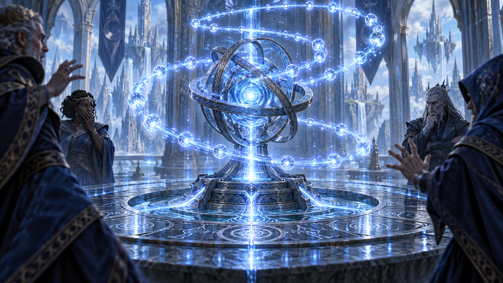 Altar ritual mono-azul con espiral de maná infinita