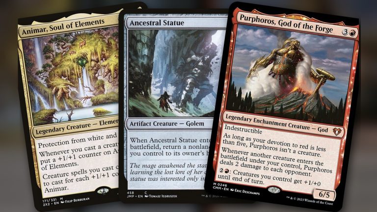 Animar, Soul of Elements, Ancestral Statue y Purphoros, God of the Forge en abanico sobre un fondo desenfocado