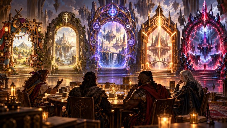 Ilustración de los cinco Commander Brackets alrededor de una mesa de Commander