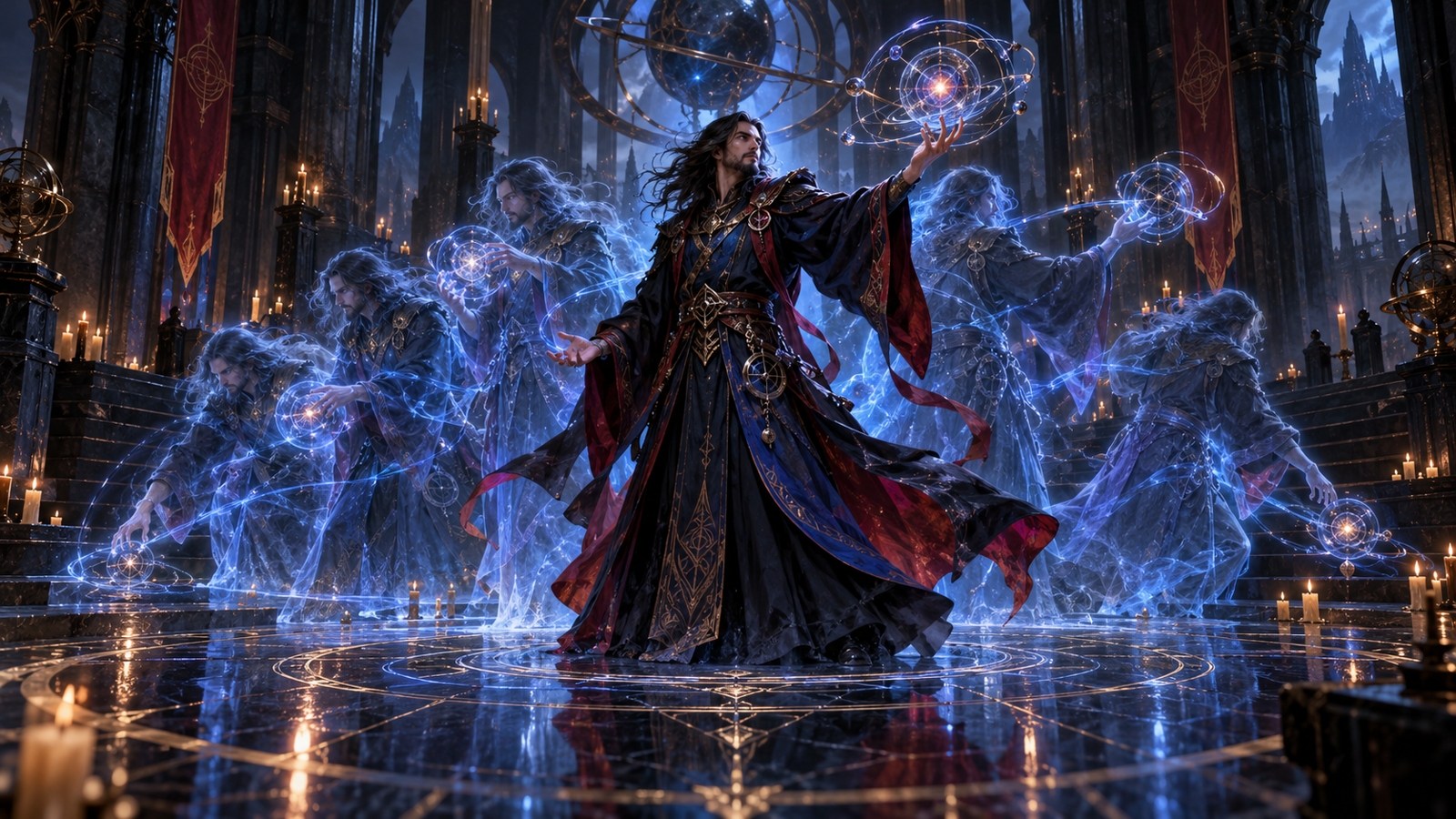 Ilustración editorial: una archimaga crea ecos espectrales en un salón ritual Grixis