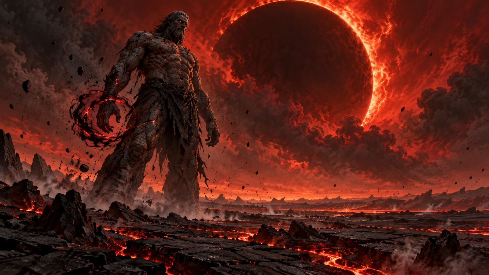 Un titán solitario ante un mundo reducido a ceniza bajo un sol rojo