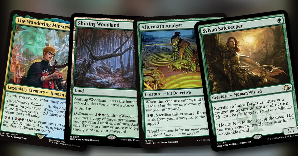 The Wandering Minstrel + Shifting Woodland + Aftermath Analyst + Sylvan Safekeeper: combo Commander en cinco colores