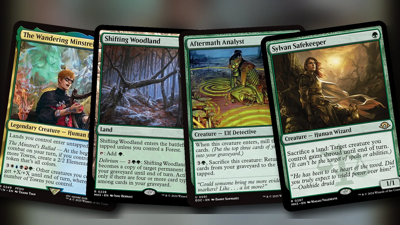The Wandering Minstrel + Shifting Woodland + Aftermath Analyst + Sylvan Safekeeper: combo Commander en cinco colores