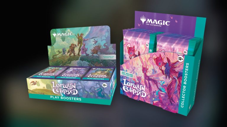 Cajas reales de Play Boosters y Collector Boosters de Magic: The Gathering, edición Lorwyn Eclipsed, sobre un fondo oscuro desenfocado